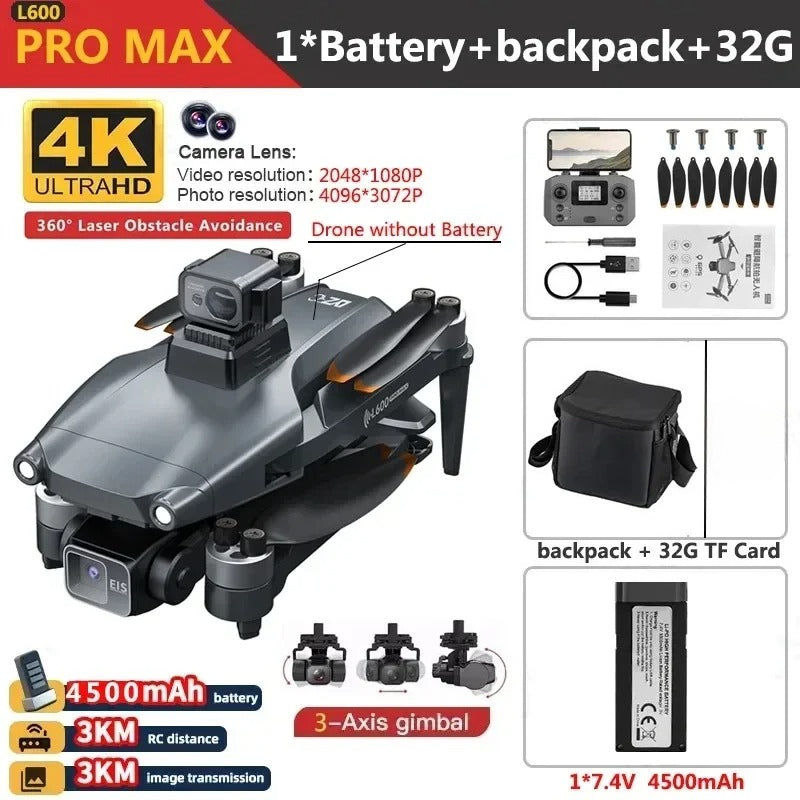 L600 PRO MAX Drone 4K Three-Axis PTZ HD Dual Camera Laser Obstacle Avoidance Brushless Motor GPS 5G WIFI RC FPV Quadcopter Toys