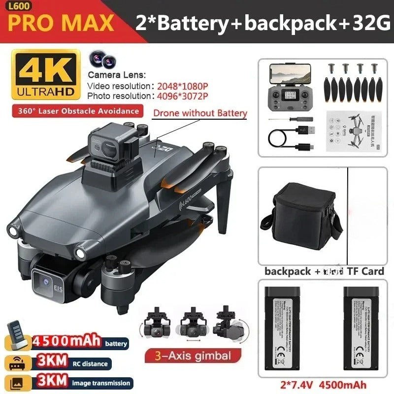 L600 PRO MAX Drone 4K Three-Axis PTZ HD Dual Camera Laser Obstacle Avoidance Brushless Motor GPS 5G WIFI RC FPV Quadcopter Toys