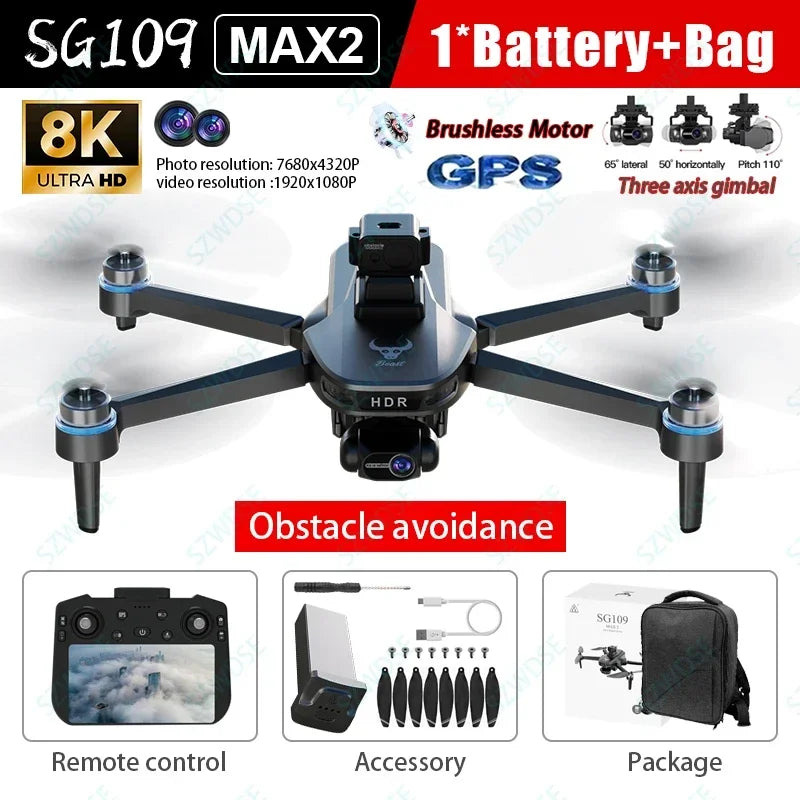 2025 New SG109 MAX2 GPS Drone 8K Camera 3-Axis Gimbal 5G WiFi Laser Obstacle Avoidance FPV Brushless RC Drone with Screen