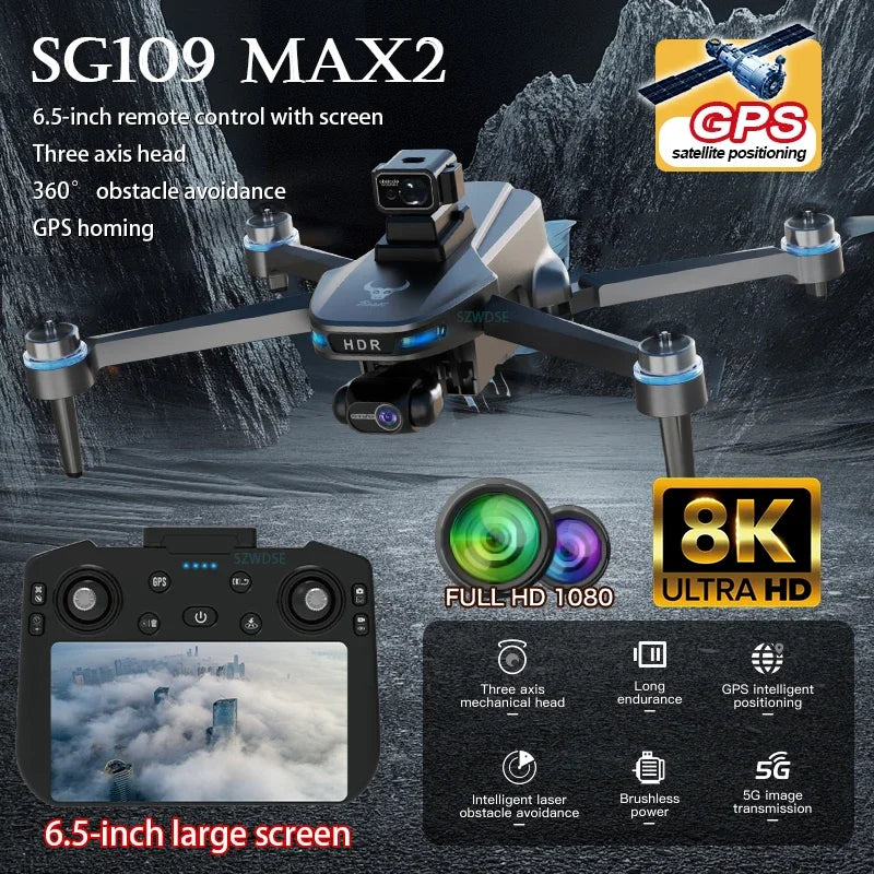 2025 New SG109 MAX2 GPS Drone 8K Camera 3-Axis Gimbal 5G WiFi Laser Obstacle Avoidance FPV Brushless RC Drone with Screen