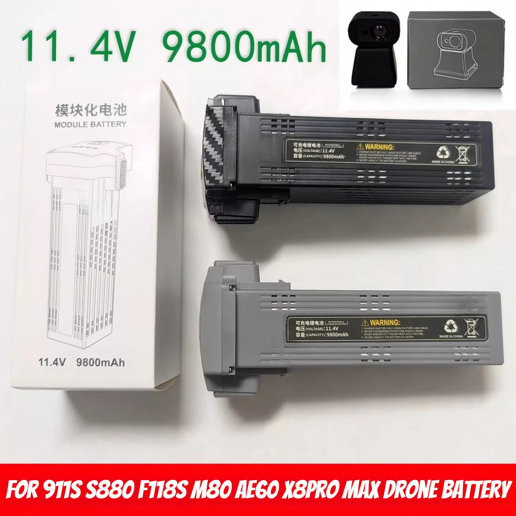 11.4V 9.8Ah RC Drone Battery for 911S S880 F118S M80 AE60 X8Pro Max Replacement Smart Lithium Battery Parts 50mins Flight Time