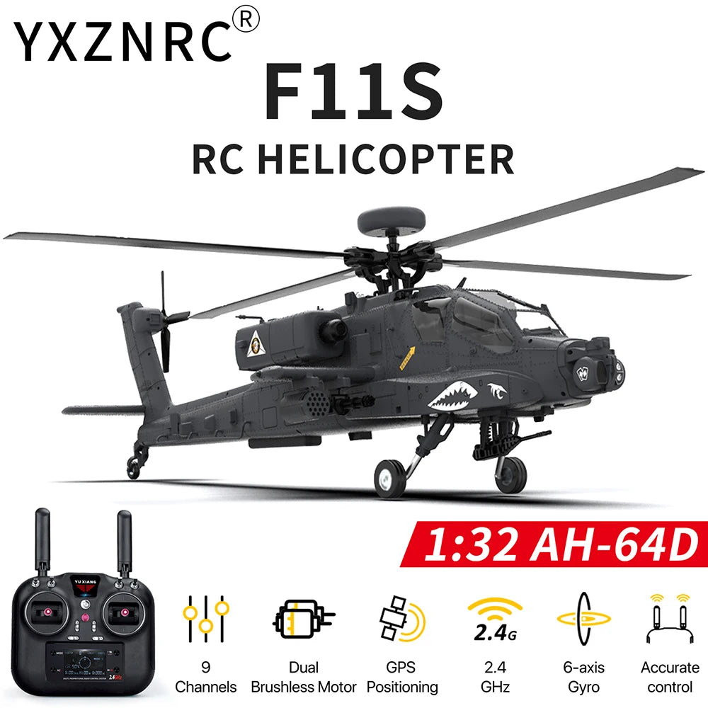 YXZNRC F11S RC Helicopter 1:32 AH-64D Apache 2.4G 6-Axis Gyro 9CH GPS Optical Flow Positioning 5.8G FPV Camera Flybarless RTF