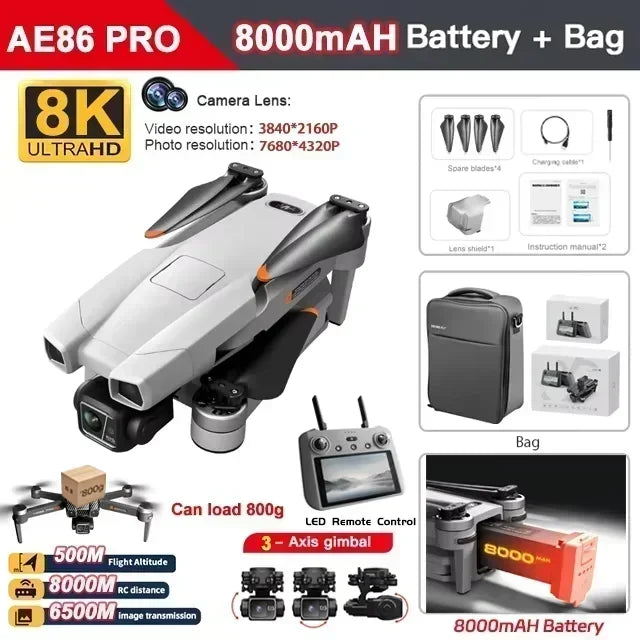 AE86 PRO Max+ Profesional Drone with Obstacle Avoidance FPV GPS Quadcopter 8K HD Camera 3-axis gimbal Aerial Photography RC Dron