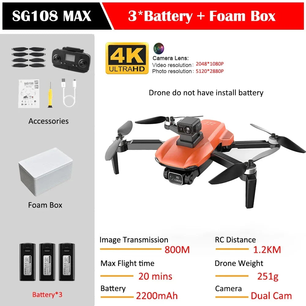 SG108 Max Drone Professional Foldable RC Quadcopter with 4K Camera Brushless Motor 5G GPS Obstacle Avoidance Helicopter Toy