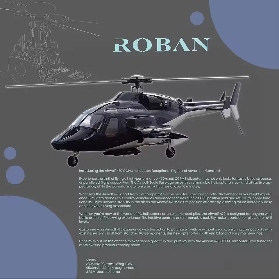 ROBAN 470 Size Airwolf Helicopter RTF - Ready to Fly Scale RC Model with One-Key Return & LED Navigation Lights Toy Gift