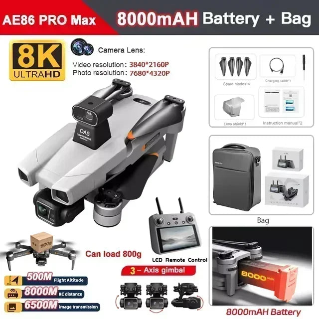 AE86 PRO Max+ Profesional Drone with Obstacle Avoidance FPV GPS Quadcopter 8K HD Camera 3-axis gimbal Aerial Photography RC Dron