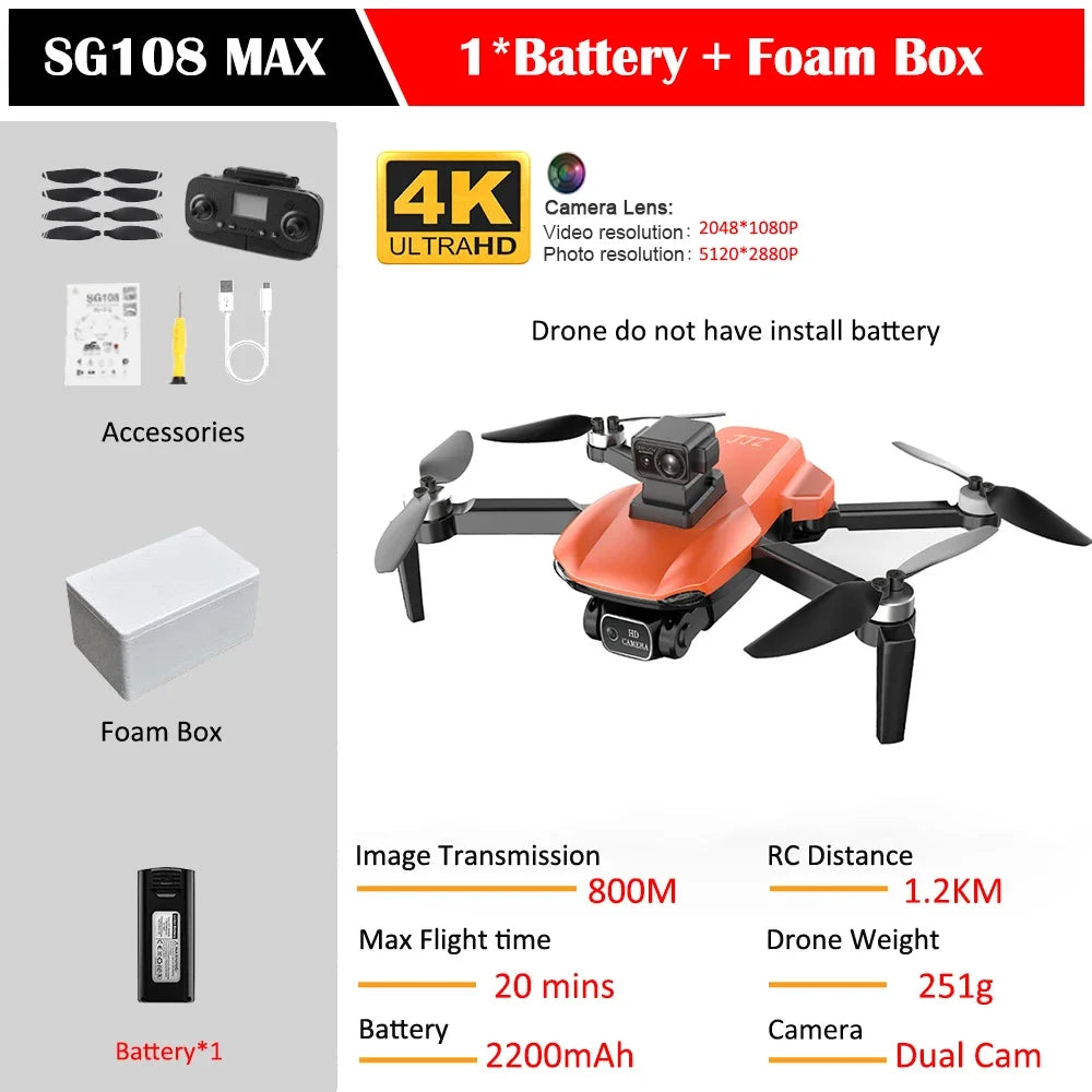SG108 Max Drone Professional Foldable RC Quadcopter with 4K Camera Brushless Motor 5G GPS Obstacle Avoidance Helicopter Toy