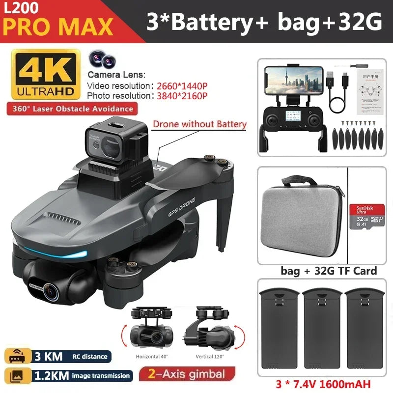 L200 PRO MAX Drone 4K 2-Axis PTZ HD Dual Camera 360° Laser Obstacle Avoidance Brushless Motor GPS 5G WIFI RC FPV Quadcopter Toys