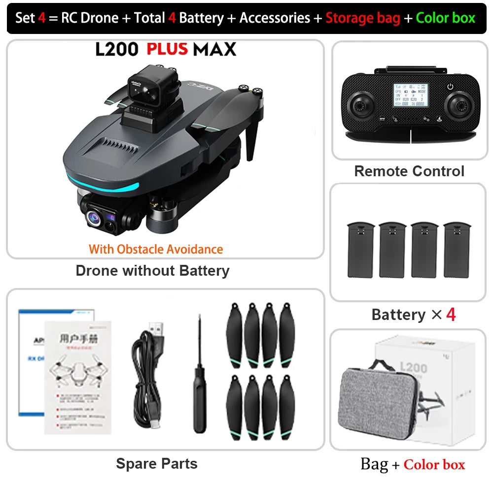 NEW L200 PLUS MAX GPS Drone 5G WiFi FPV 4K HD Camera 3-Axis Gimbal 360 Obstacle Avoidance 249g MINI Brushless RC Quadcopter Toys