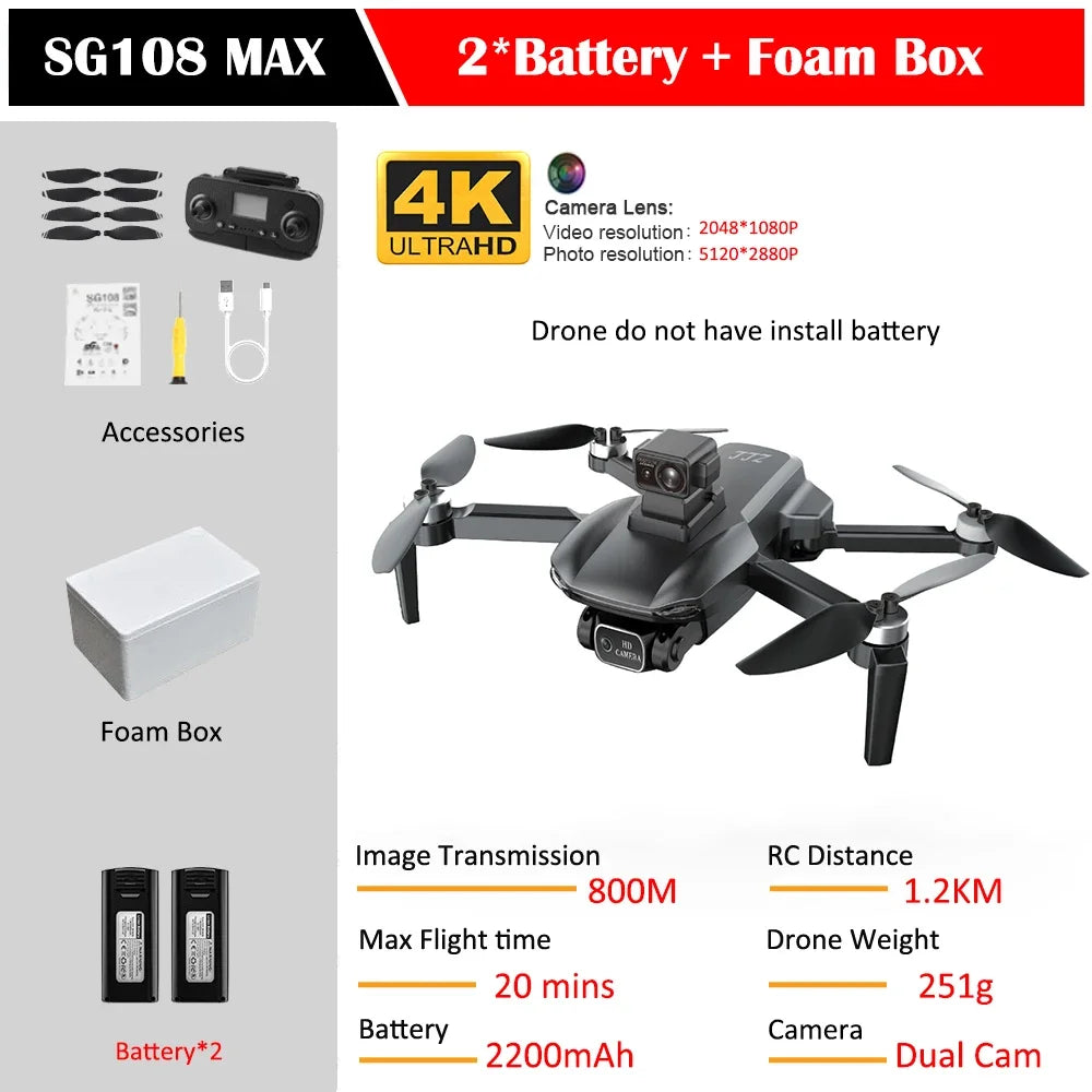 SG108 Max Drone Professional Foldable RC Quadcopter with 4K Camera Brushless Motor 5G GPS Obstacle Avoidance Helicopter Toy