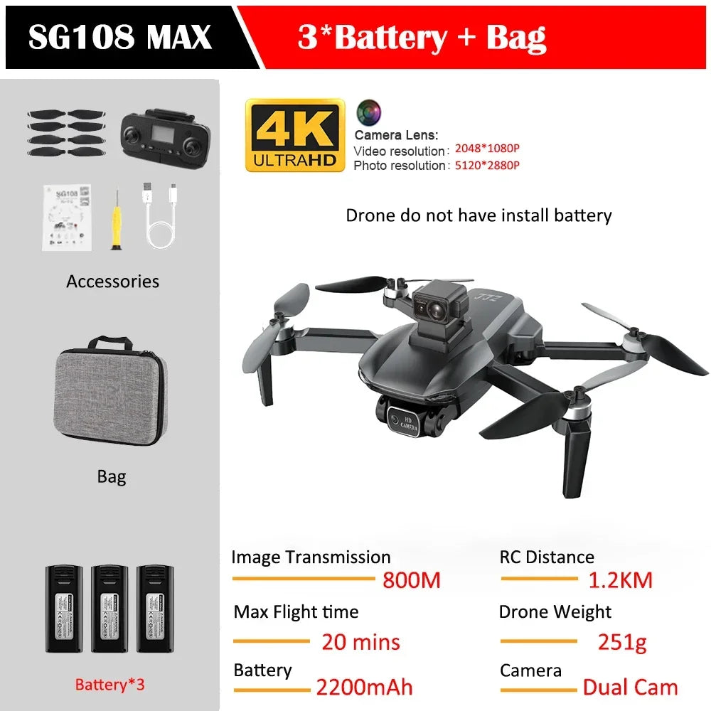 SG108 Max Drone Professional Foldable RC Quadcopter with 4K Camera Brushless Motor 5G GPS Obstacle Avoidance Helicopter Toy