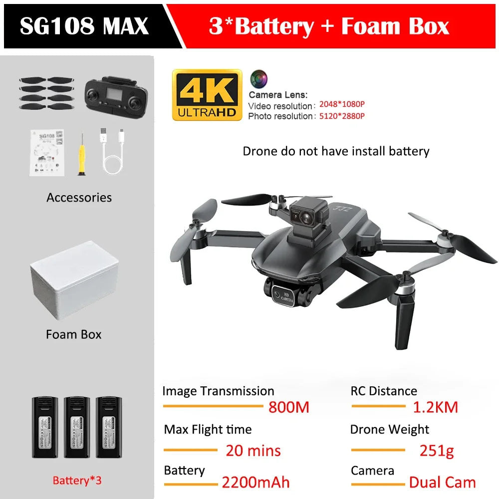 SG108 Max Drone Professional Foldable RC Quadcopter with 4K Camera Brushless Motor 5G GPS Obstacle Avoidance Helicopter Toy