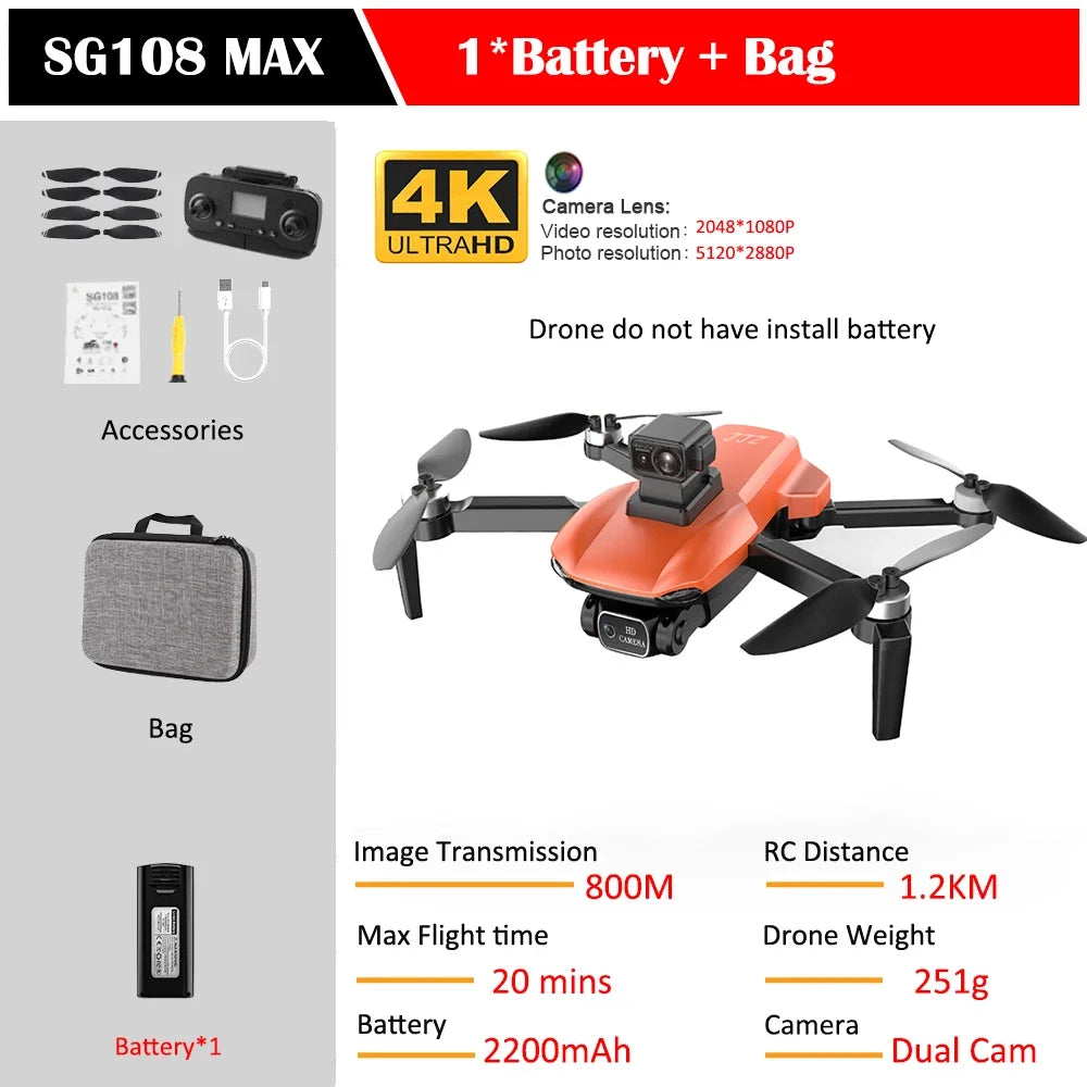 SG108 Max Drone Professional Foldable RC Quadcopter with 4K Camera Brushless Motor 5G GPS Obstacle Avoidance Helicopter Toy