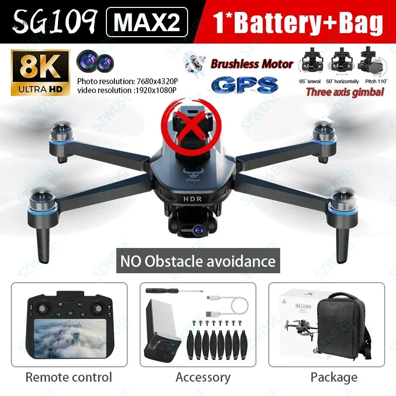 2025 New SG109 MAX2 GPS Drone 8K Camera 3-Axis Gimbal 5G WiFi Laser Obstacle Avoidance FPV Brushless RC Drone with Screen