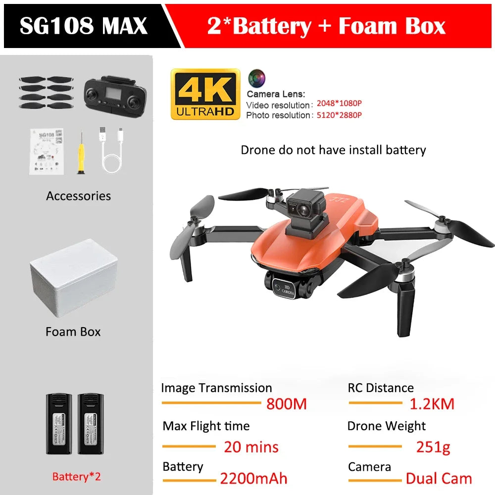 SG108 Max Drone Professional Foldable RC Quadcopter with 4K Camera Brushless Motor 5G GPS Obstacle Avoidance Helicopter Toy