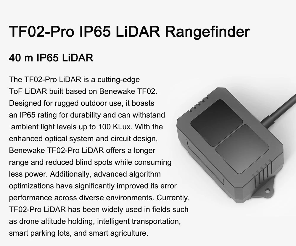 Benewake TF02-Pro 40M IP65 LiDAR Rangefinder Mid-range Distance Sensor Operating Range Lidar Module For Indoor/Outdoor/Robot