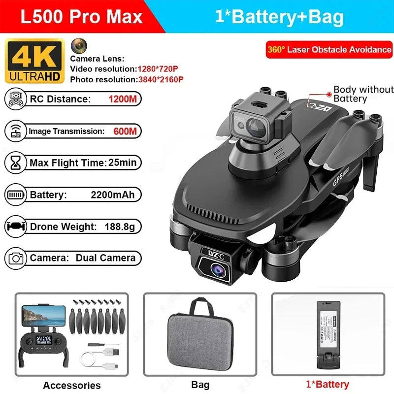 L500 PRO MAX GPS Drone 4K Professional HD Dual Camera 5G WIFI 360°Obstacle Avoidance Brushless Motor RC Quadcopter FPV Drones