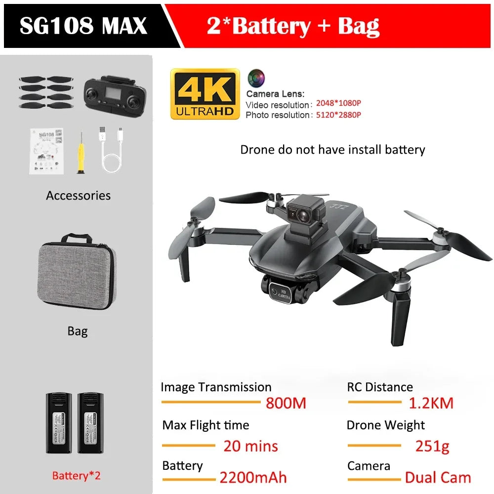 SG108 Max Drone Professional Foldable RC Quadcopter with 4K Camera Brushless Motor 5G GPS Obstacle Avoidance Helicopter Toy
