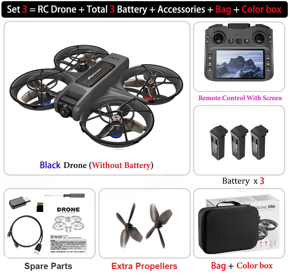 S156 Drone HD Dual-Camera Aerial Photography Remote Control with Screen Aircraft Optical Flow Hover Brushless RC Quadcopter Toy