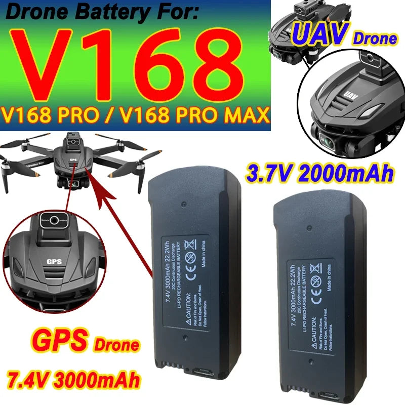 V168 Original Battery 7.4V 3000mAh for V168Pro Max Drone 3.7V 2000mAh Battery for V168Pro RC Quadcopter Essential Accessory