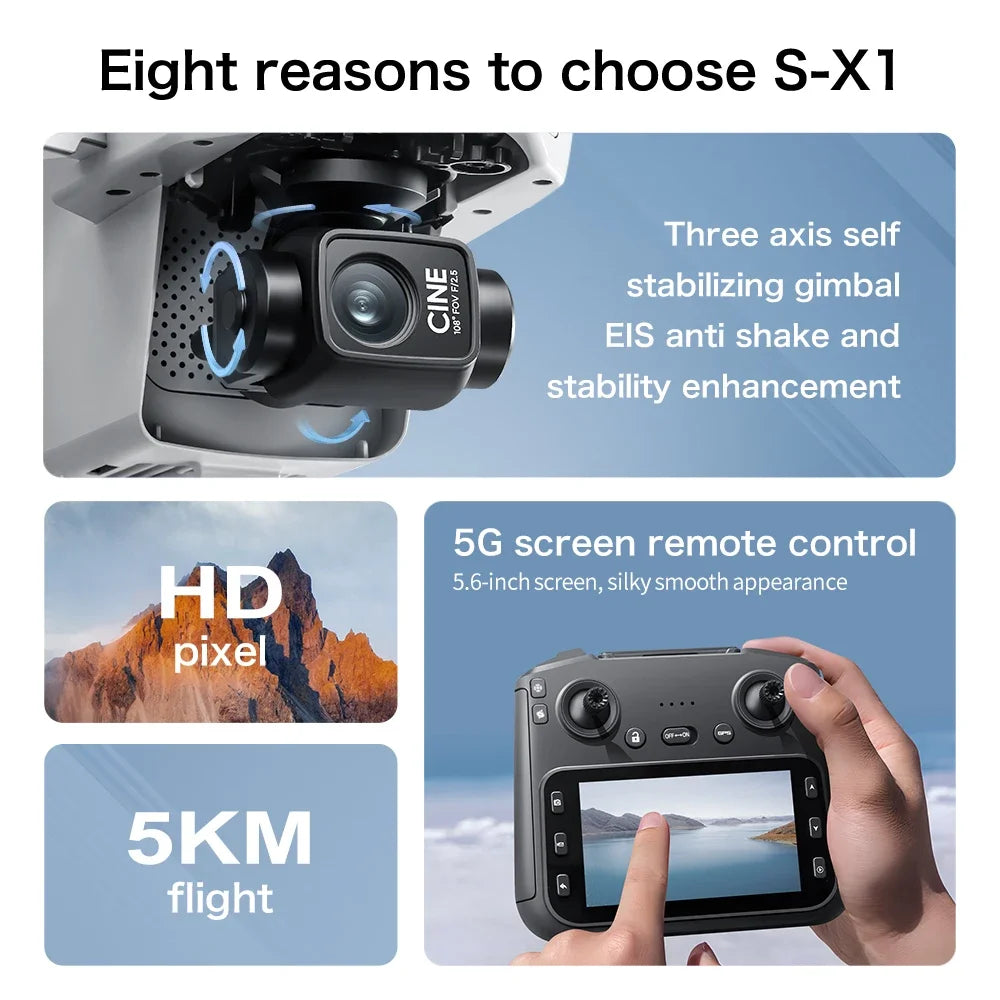 2025 S-X1 GPS pro Drone 8K HD Camera 3-Axis Anti-Shake Gimbal EIS 5G Screen Control Brushless Quadcopter RC Toy Gift