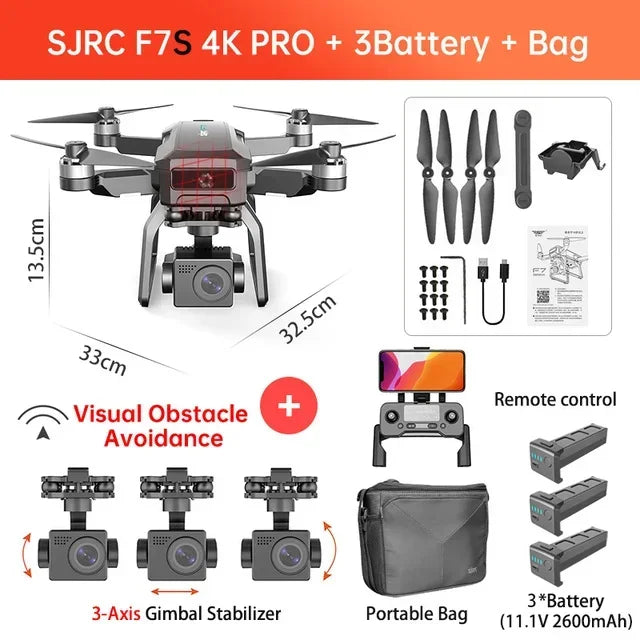 SJRC F7 4K PRO Camera Drone GPS HD 5G WiFi FPV 3KM 3 Axis Gimbal EIS Professional Brushless Quadcopter With Cam RC Foldable Dron