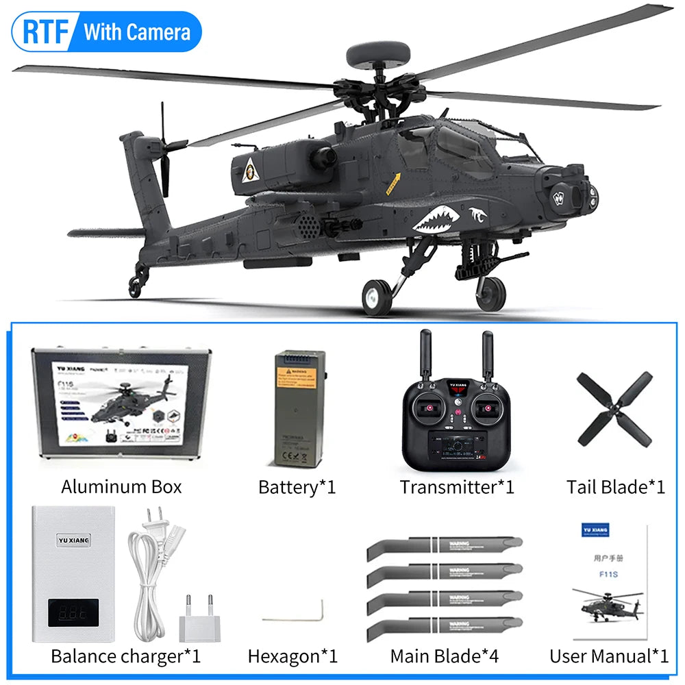 YXZNRC F11S RC Helicopter 1:32 AH-64D Apache 2.4G 6-Axis Gyro 9CH GPS Optical Flow Positioning 5.8G FPV Camera Flybarless RTF