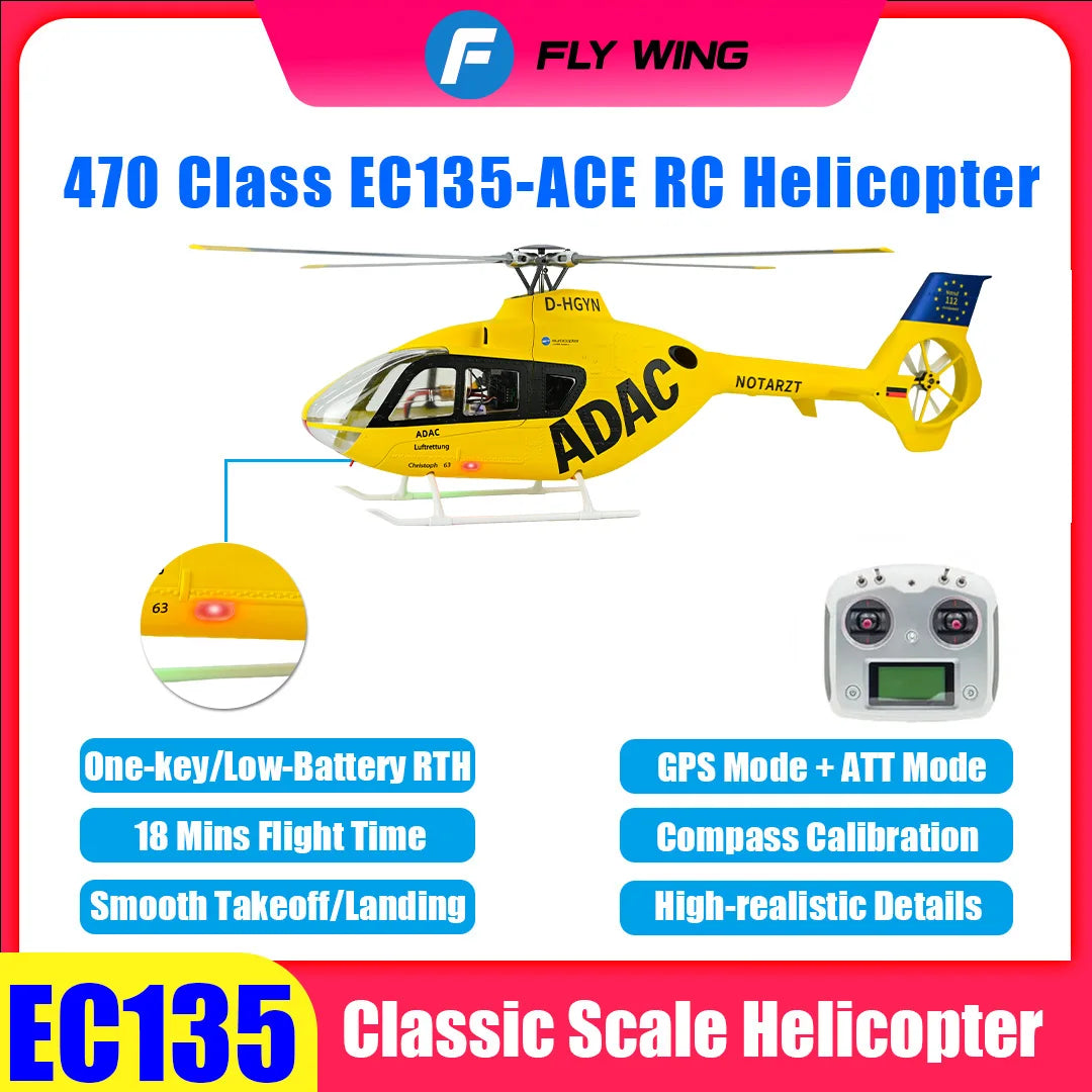 FLYWING EC135 Scale Helicopter ACE Flight GPS 470 class Four blades EC135 RC Helicopter Smooth Takeoff Landing 6CH RC Helicopter