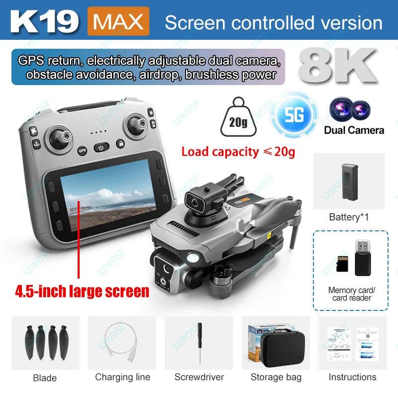 2025 K19 MAX Drone GPS Return With Screen Aerial Photography Aircraft Brushless Airdrop Remote Control Aircraft Quadcopter Toy
