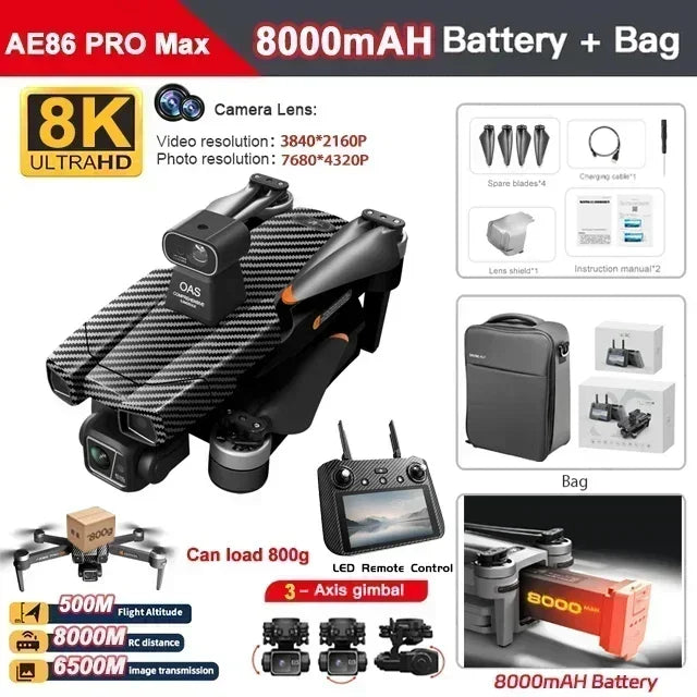 AE86 PRO Max+ Profesional Drone with Obstacle Avoidance FPV GPS Quadcopter 8K HD Camera 3-axis gimbal Aerial Photography RC Dron