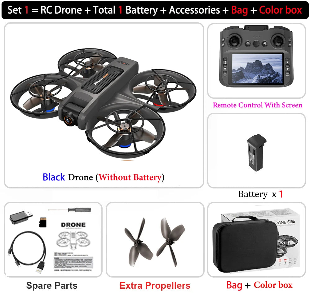 S156 Drone HD Dual-Camera Aerial Photography Remote Control with Screen Aircraft Optical Flow Hover Brushless RC Quadcopter Toy