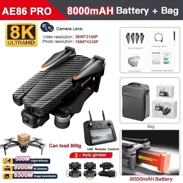 AE86 PRO Max+ Profesional Drone with Obstacle Avoidance FPV GPS Quadcopter 8K HD Camera 3-axis gimbal Aerial Photography RC Dron