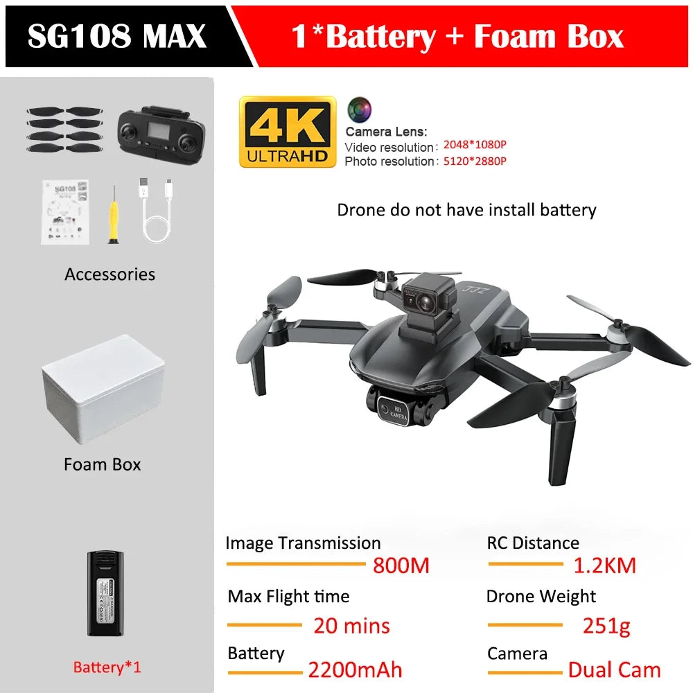 SG108 Max Drone Professional Foldable RC Quadcopter with 4K Camera Brushless Motor 5G GPS Obstacle Avoidance Helicopter Toy