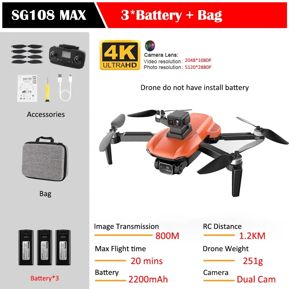 SG108 Max Drone Professional Foldable RC Quadcopter with 4K Camera Brushless Motor 5G GPS Obstacle Avoidance Helicopter Toy