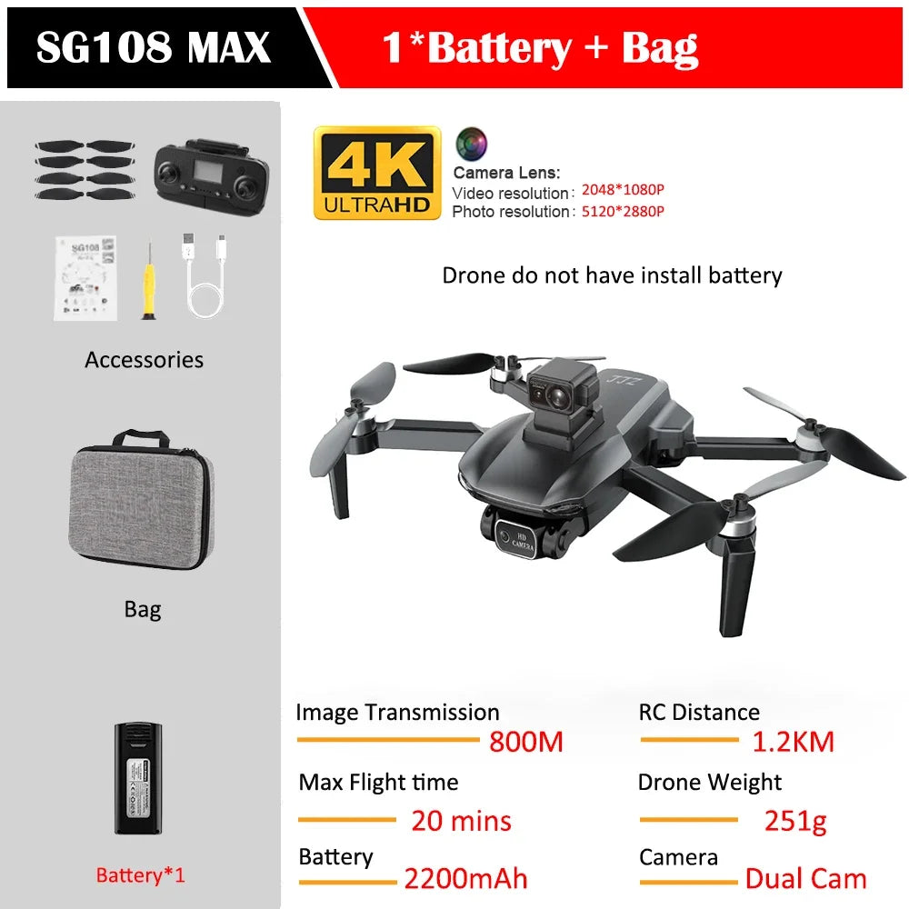 SG108 Max Drone Professional Foldable RC Quadcopter with 4K Camera Brushless Motor 5G GPS Obstacle Avoidance Helicopter Toy