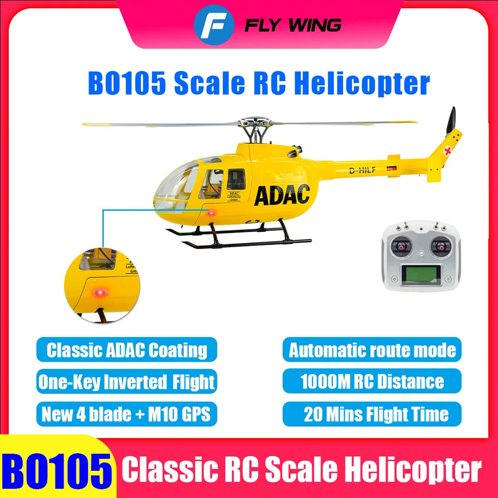 FLYWING BO105 RC Helicopter ADAC 470 class 6CH scale helicopter BO105 rc Plane 4 blades rotor head one-key return Airplane Toys