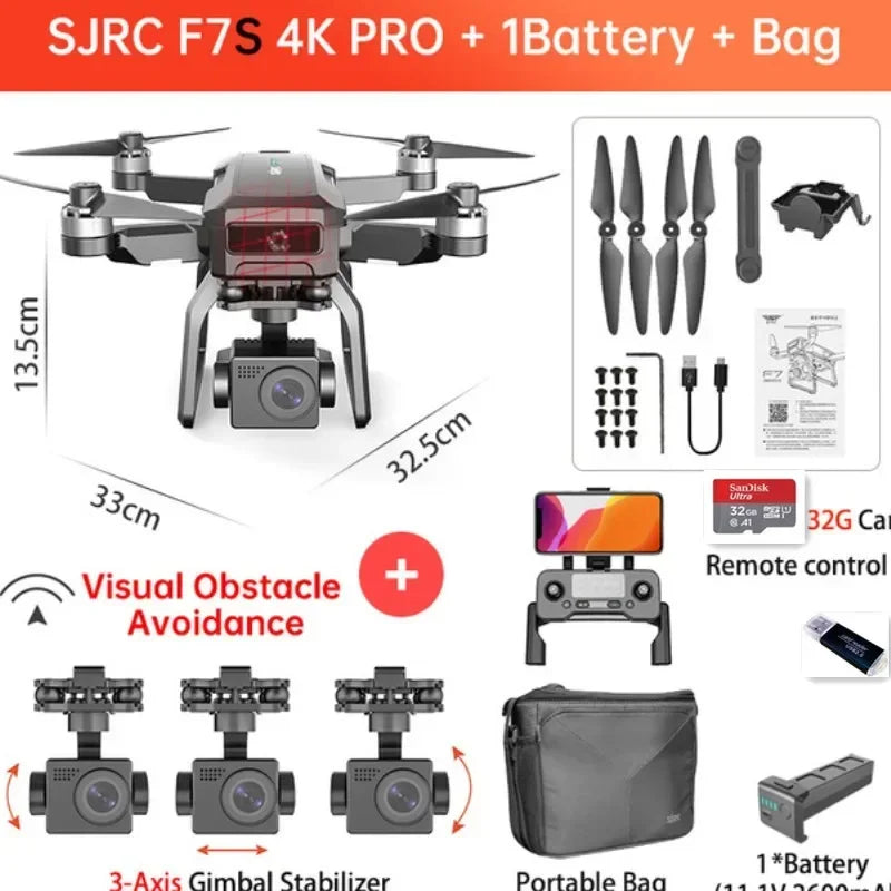 SJRC F7 4K PRO Camera Drone GPS HD 5G WiFi FPV 3KM 3 Axis Gimbal EIS Professional Brushless Quadcopter With Cam RC Foldable Dron
