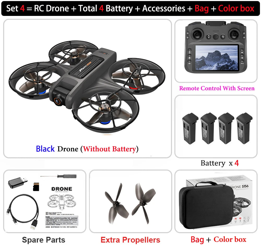 S156 Drone HD Dual-Camera Aerial Photography Remote Control with Screen Aircraft Optical Flow Hover Brushless RC Quadcopter Toy