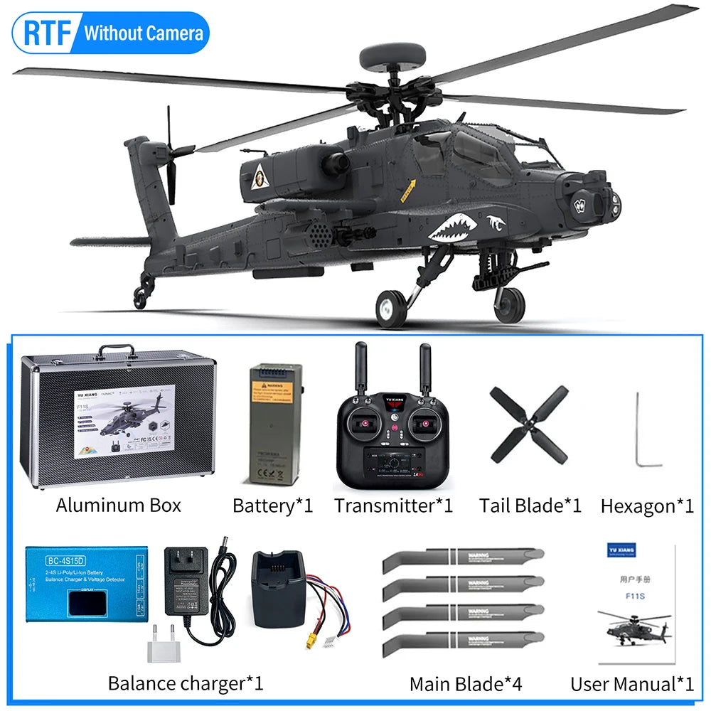 YXZNRC F11S RC Helicopter 1:32 AH-64D Apache 2.4G 6-Axis Gyro 9CH GPS Optical Flow Positioning 5.8G FPV Camera Flybarless RTF