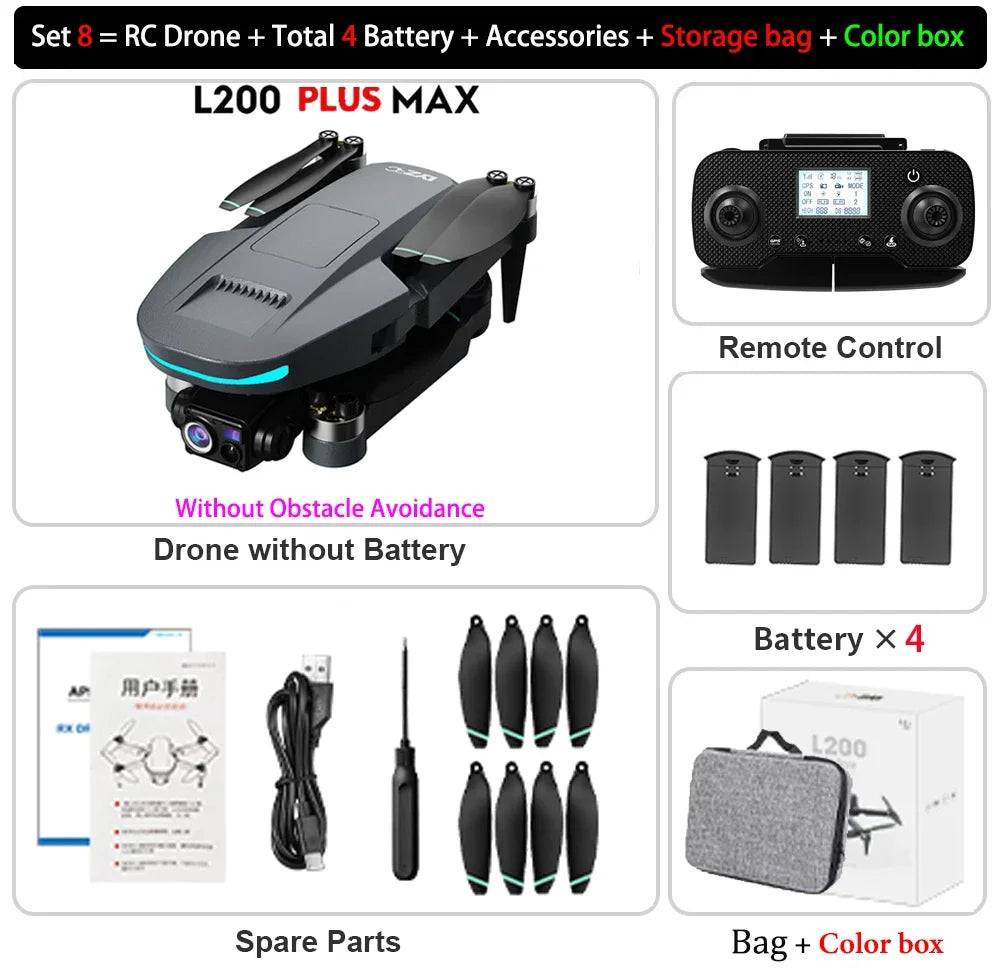NEW L200 PLUS MAX GPS Drone 5G WiFi FPV 4K HD Camera 3-Axis Gimbal 360 Obstacle Avoidance 249g MINI Brushless RC Quadcopter Toys